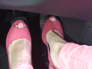 Barefoot Driving and Revving in Vivid Pink High Heeled Sandals