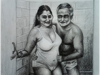 Erotic Art Or Drawing Sexy Desi Indian Woman inside Bat...