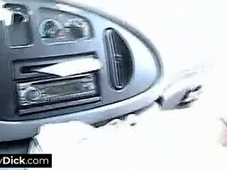 Horny blonde vixen trying to give him a blowjob