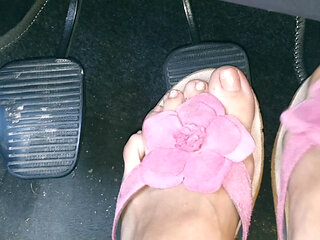 Revving My Car in Pink Flowered Flip Flops