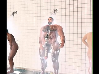 muscle bear urschel and teammates shower in football locker room