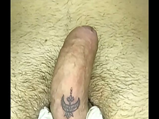 Mostrando a tatuagem finalizada no pau