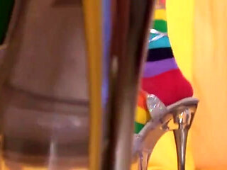 Blonde bitch pissing and trampling food while maasturbating