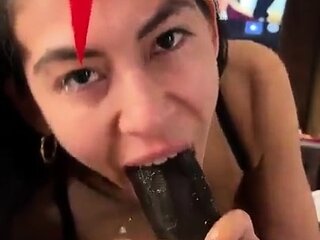 Tan stud gives a POV blowjob to his big cock