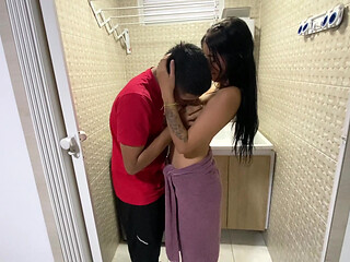 This beautiful skinny girl loves to suck my cock and I fuck her in the laundry room until she orgasms.