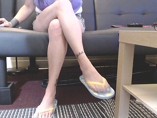 Milf in blue lemon flip flops blue nails