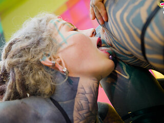 Split Tongue Lesbians Tattooed Toy Play ANAL and ATM