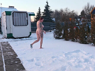 Femdom. Two Busty Women Piss Naked in the Snow, Then Make a Naked Guy Eat and Lick the Yellow Snow.