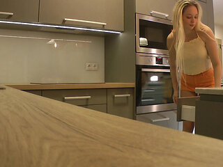 Hot Sexy Long Legs Beauty Cute Blonde College Girl in a Very Short Skirt to Flash Her Ass and Pussy in the Kitchen