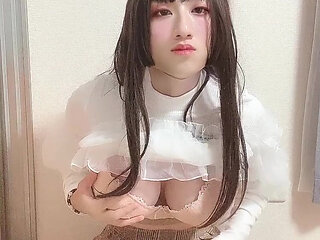 Japanese crossdresser masturbates cum and Lick semen