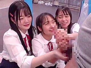 Three beautiful girls in uniform get excited when they see a man's penis and cum all over his hands.