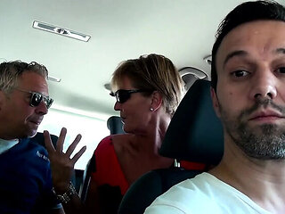 German MILF Persuaded to Fuck in Car Backseat - Shopping Trip Turns into Threesome Blowjob & Facial