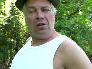 Blonde Milf gets caught masturbating outdoor and fucks