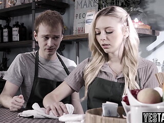 Petite blonde barista blows and fucks her cheating BF in the cafe