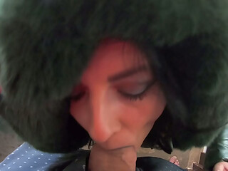Slutty Mature Orgasm &ndash_ Blowjob &amp_ Cum on Green Shiny Downjacket