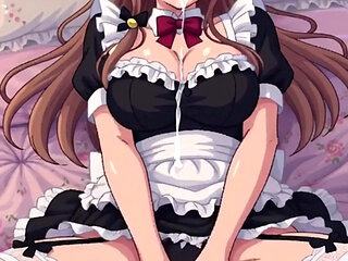 Hot Asian cosplay maid masturbates on the bed, pixelart
