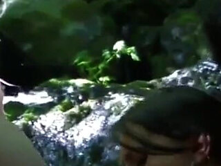 Threesome outdoor action with brunette babe