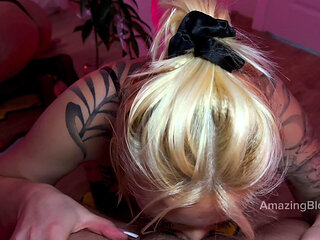 Sexy Wife Sucks Deep and Gets Cum in Her Mouth. Dirty BJ at the Mirror