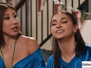 Lesbian babe won the bet and fucks her big tits best friends