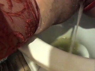 Red Lace Lingerie Pee Fetish - Big Tits Teasing and Messy Bathroom Play