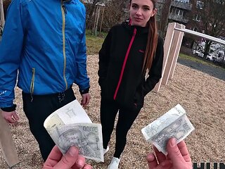 Czech couple Pavlos and Sakura Hell fucked outdoors for cash