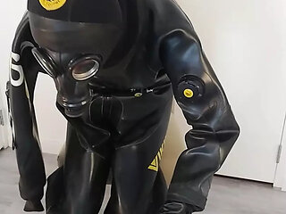 Breath play in heavy rubber Viking drysuit dry diving suit, latex gasmask, neoprene hood