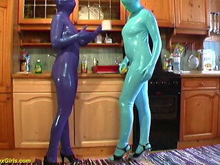 Sexy lesbian real spandex catsuit girls at home