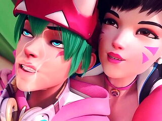 D.va and Kiriko Hentai Threesome - Hot Anime Sex with Big Tits, Doggystyle & Cum in Mouth
