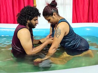 Steamy pool romance lip lock with hooters deep-throat