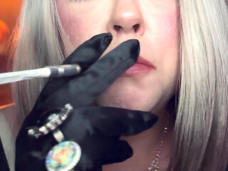 BBW Blonde Tina Snua Smokes A Slim Cigarette In A Holder In Satin Gloves With Rings