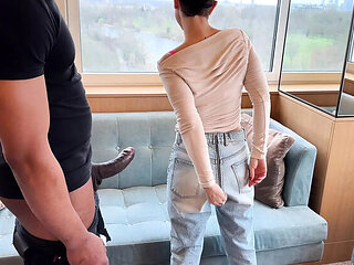 Hot MILF Lucy Takes BBC in London - Standing Sofa Fuck & Deep Throat BJ in Ripped Jeans