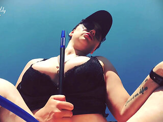 Big tits tease and smoking with duck face on top of you outdoors