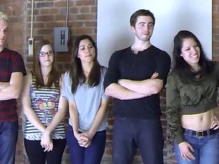 Skinny Brunette Teen Loses Bet and Strips Naked for Neighbor - Hot Striptease Game