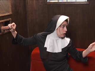 Submissive nun working all the hard dicks at the gloryhole