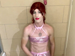 Sissy slut has monthly release: cum on the gagball, wears it eating her own cum and locks herself in chastity