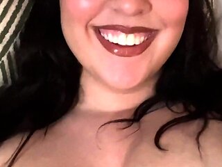 Busty curly brunette with big boobs fucks on couch