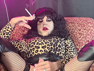 Crossdresser Cassandra Strokes Cock and Smokes Virginia Slim 120 While Wife Watches