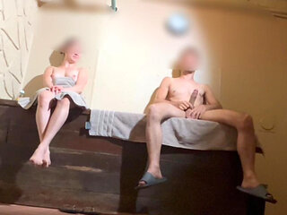 Sauna Adventure I Stay Alone with the Slutty Woman She Makes Me Cum While Her Boyfriend Is Away Jerking off