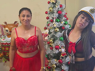 The best Christmas threesome - Two horny stepdaughters celebrate Christmas by fucking their perverted stepfather for Christmas presents