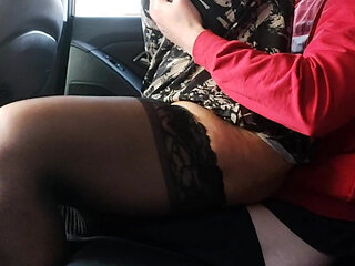 Horny Stepmom in Stockings Rides Her Stepson in the Car