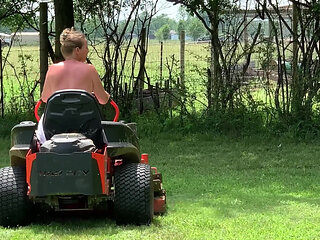 Titties out Riding lawnmower outdoors