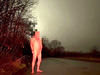 Risky wank naked n barefoot in road