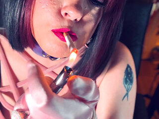 Sweet Goth Girl Tina Snua Smokes A Cork Cigarette In Satin Gloves & Jewellery - Smoking Smoker BBW OMI Snap Inhale Drifting