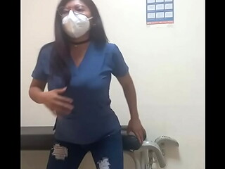 Delicious nurse is hot!! She touches her buttocks and tits while she is alone in the hospital waiting room