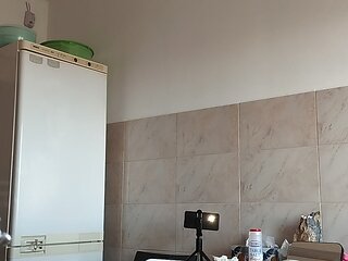 Hairy Brunette Pussy, Big Tits, Sensual Hairy Woman in Kitchen.