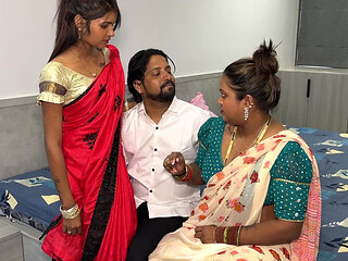 Stepsister and Stepmom Satisfy Bearded Indian Guy
