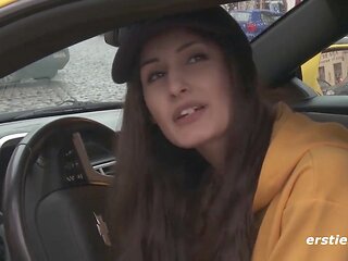 Wild ride with the stunning brunette Coco Kiss in her yellow Camaro