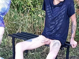 Neighbor MILF sucks my dick on a park bench until I cum - public outdoor sex with big natural tits