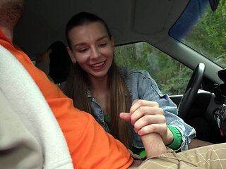 All-natural Ukrainian chick Arina Shy gets fucked inside and outside the car