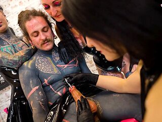 Three aggressive spandex princesses ruin tattooed victim with deep sounding & urethral fingering
